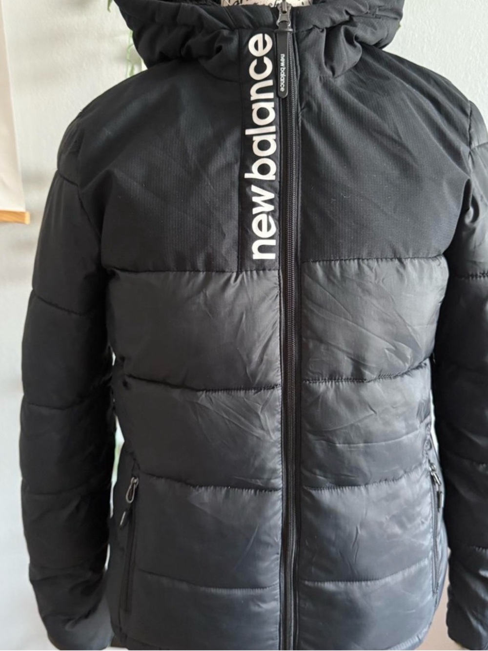New Balance Women’s Black Hooded Puffer Jacket with Vertical Logo